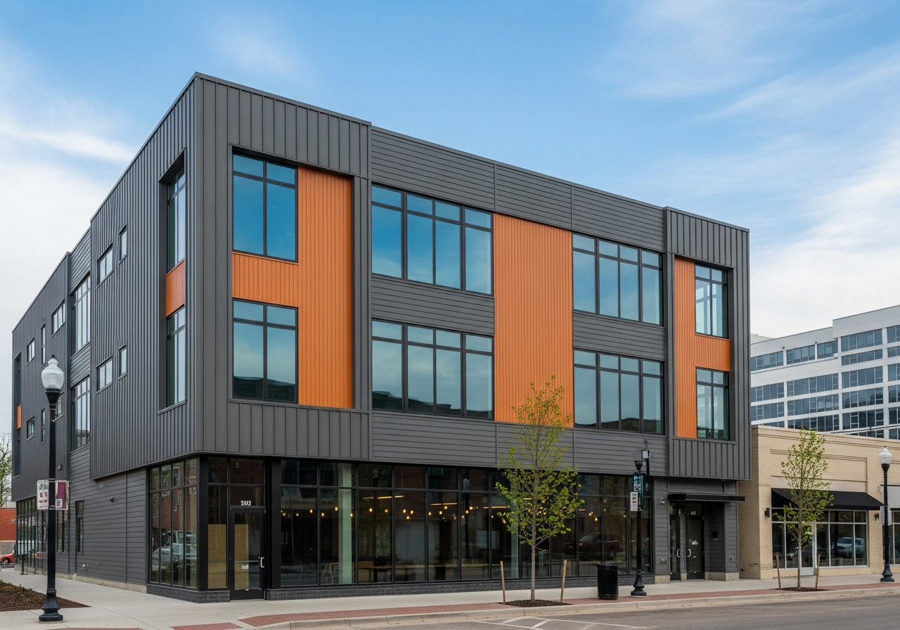 Commercial Lincoln NE building with newly replaced metal panel siding under afternoon sun