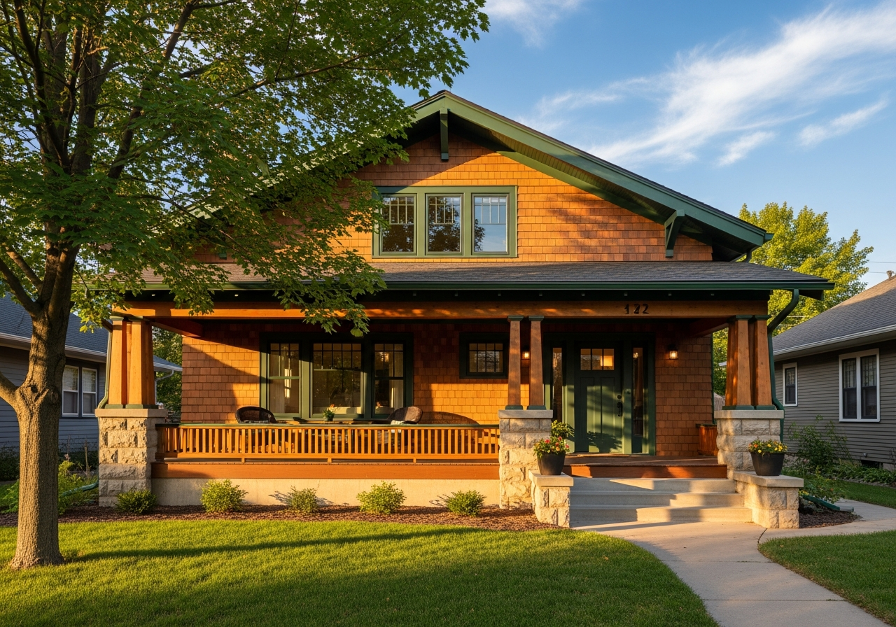 Historic Lincoln Nebraska craftsman home with restored cedar shake siding on the gable and lap siding below