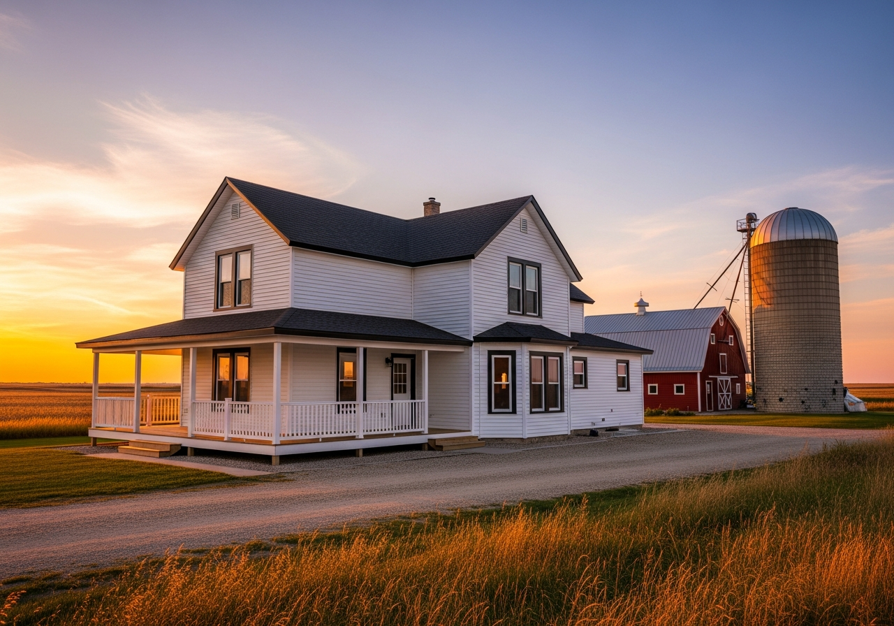 Nebraska farmhouse with newly installed white lap siding under wide-open prairie sky and distant outbuildings