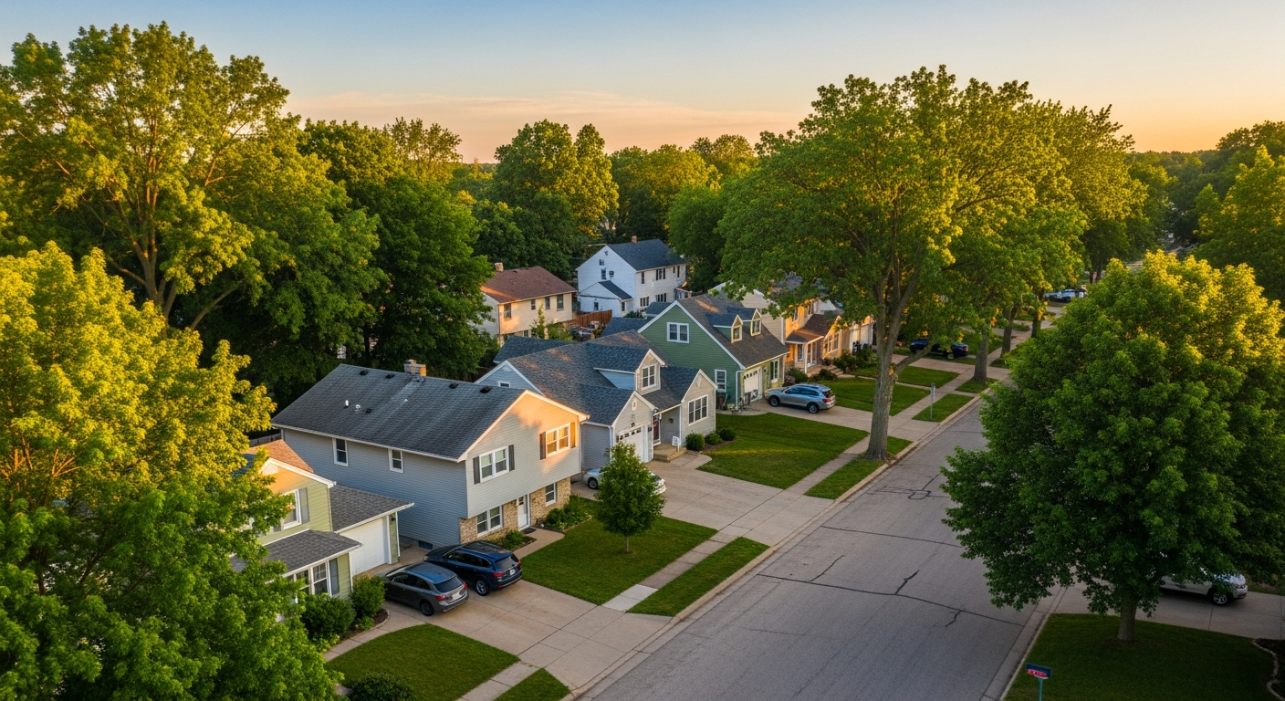 Aerial view of a Lincoln Nebraska residential neighborhood with several homes showing newly replaced lap siding