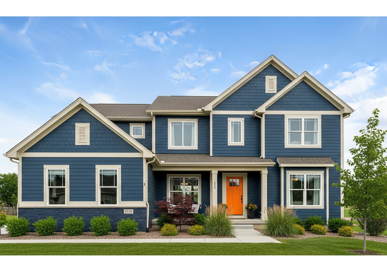 Lincoln Nebraska home sided in navy LP SmartSide engineered wood lap with white trim and a covered front porch