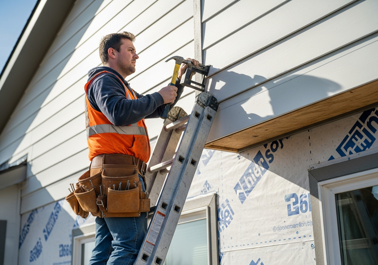Lincoln NE siding installer fastening a James Hardie fiber cement plank to a residential gable