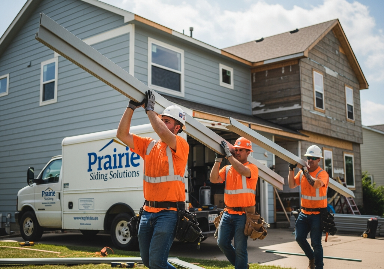 Lincoln NE siding repair crew in orange safety vests replacing damaged vinyl panels on a residential home