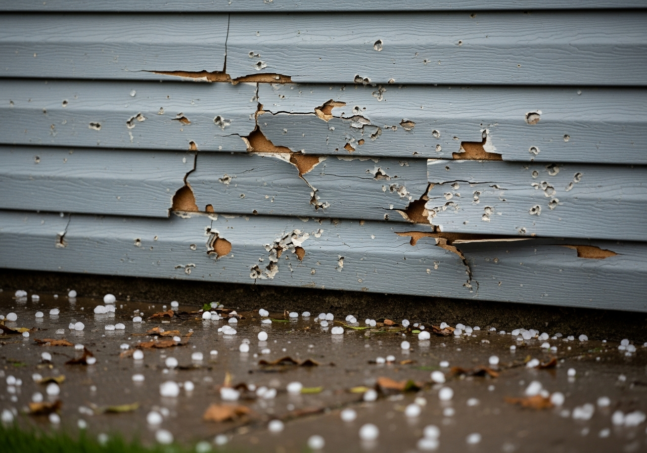 Hail-damaged vinyl siding on a Lincoln Nebraska home with cracked and impact-bruised panels